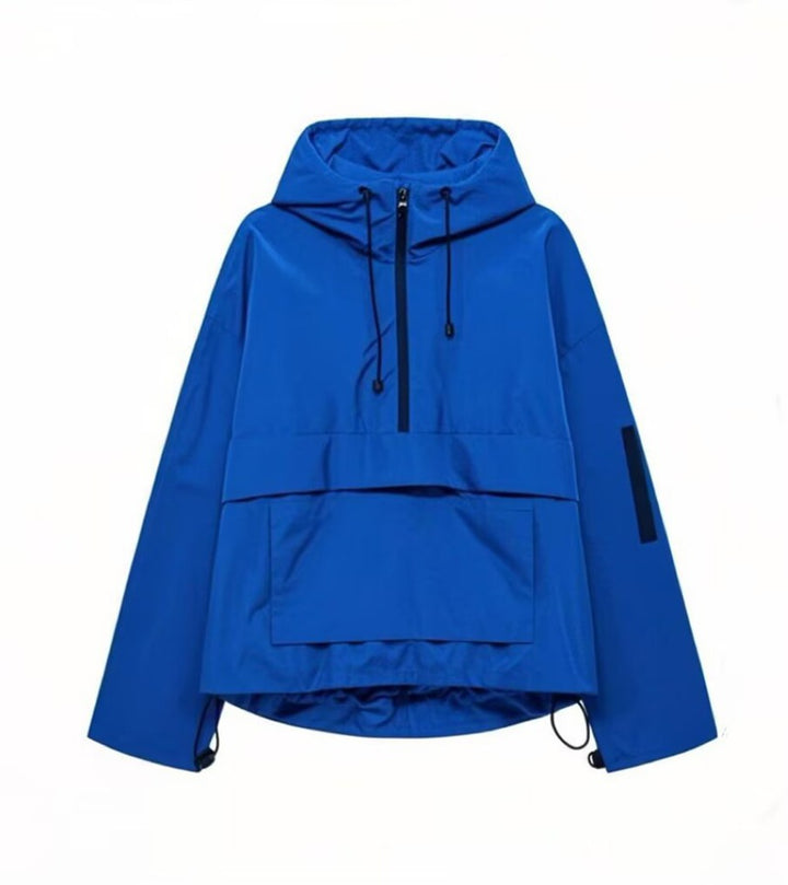 Damen funktionale Windjacke mit verstellbarem Kapuzenkragen und Kängurutasche Drune