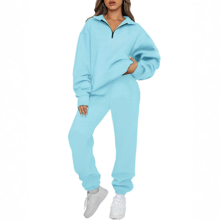 Damen nan zweiteiliges Relax-Set mit halbverdecktem Halbzip-Sweatshirt im Oversize-Schnitt und hohem Komfortbund Jogginghose Drune