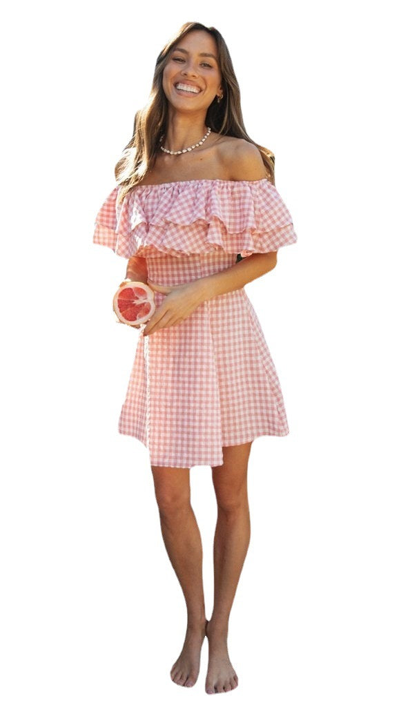Damen Schulterfreies Sommerkleid mit Rüschen und süßem Karomuster Drune