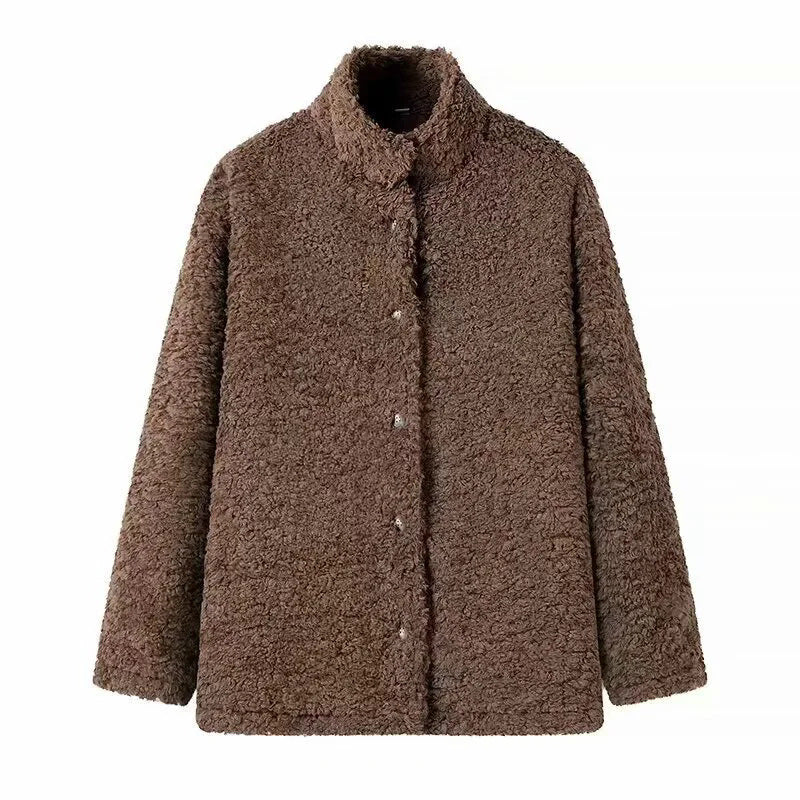 Damen nan kastige Teddyjacke mit Stehkragen, Druckknopfleiste und wärmender Microfleece-Qualität Drune