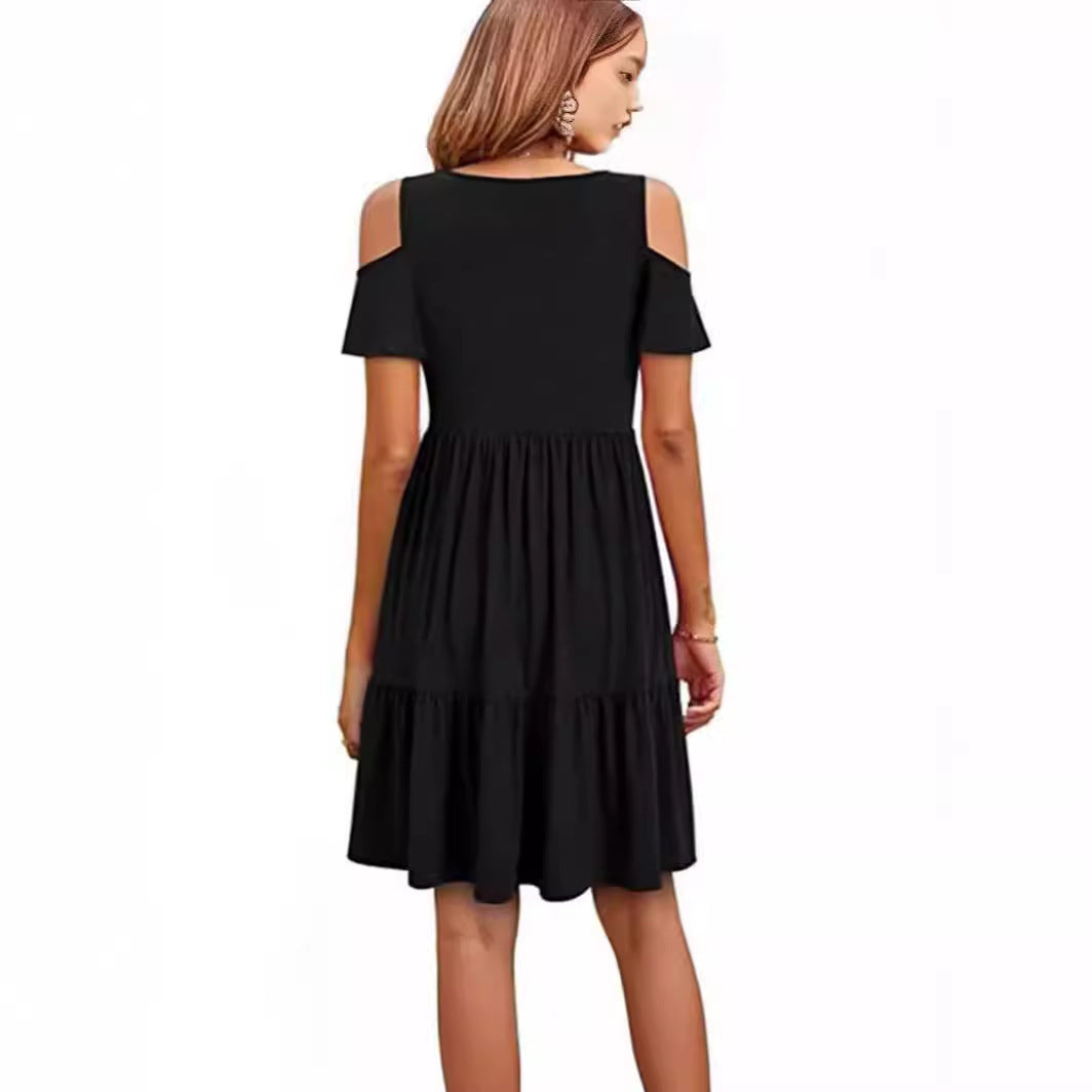 Damen lässiges Kleid mit kaltem Schulterdesign und voluminösem Rock Drune