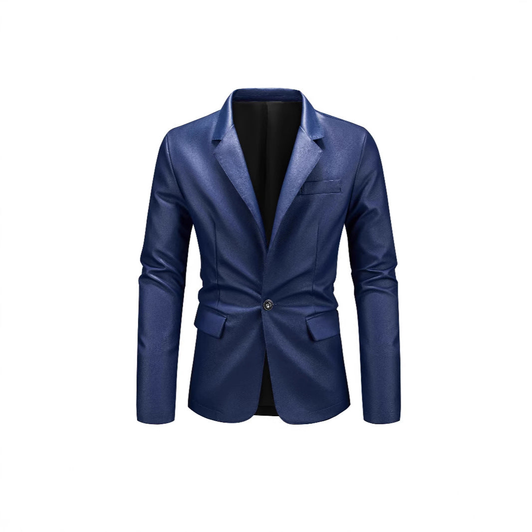 Herren Slim-Fit Ledersakko mit Ein-Knopf, klassischem Revers und Pattentaschen Drune