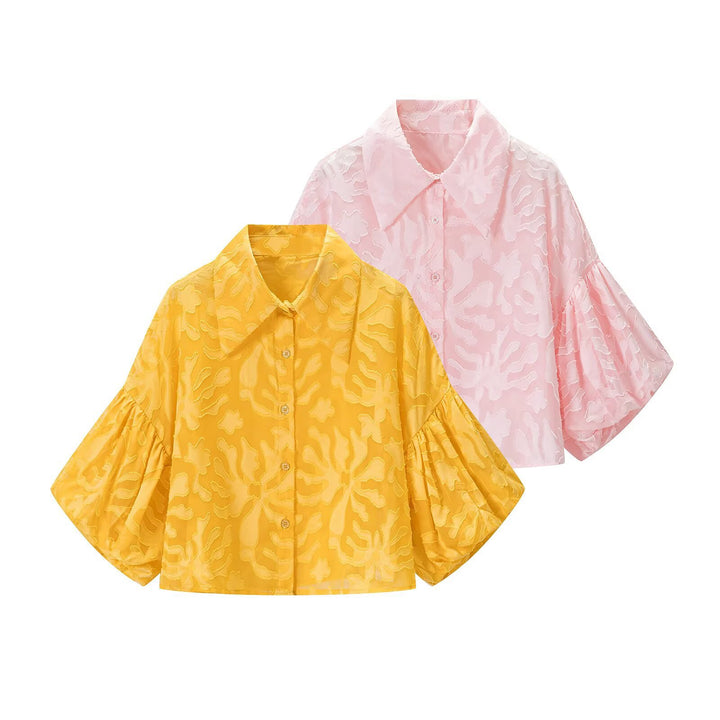 Damen Transparente Organza-Bluse mit weitem Schnitt, Volumenärmeln und Hemdkragen Drune
