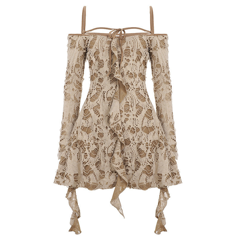 Damen Spitzenkleid mit Rüschendetails und Off-Shoulder-Design Drune