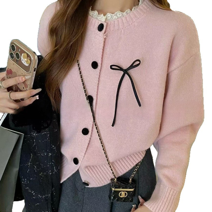 Damen bequeme Strickjacke mit dekorativen Knöpfen und Schleifenakzenten Drune