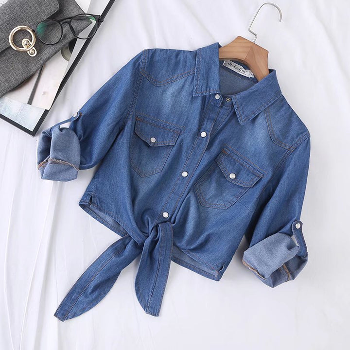 Damen Geknotete Denim Kurzbluse mit Brusttaschen und hochgekrempelten Ärmeln Drune
