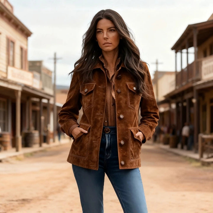 Damen Kurzjacke im Ranch‑Worker‑Look aus Wildlederoptik mit Pattentaschen und sichtbarer Knopfleiste Drune