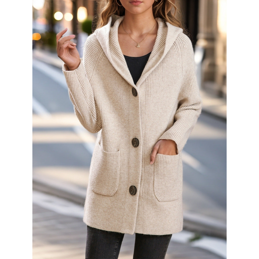 Damen nan lange gerippte Kapuzen-Strickjacke mit aufgesetzten Taschen und markanten Knöpfen Drune