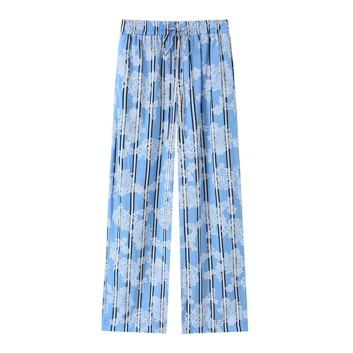 Damen weite Palazzohose mit elastischem Kordelbund und floraler Spitze‑Optik Drune