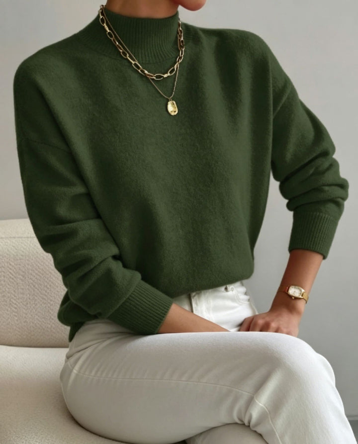 Damen kuscheliger Feinstrickpullover mit Stehkragen und überschnittener Schulter Drune