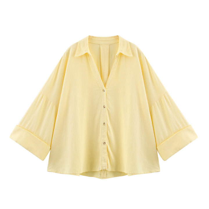 Damen nan oversized Streifen-Hemdbluse mit überschnittener Schulter, 3/4-Ärmel und verlängertem Rückensaum Drune