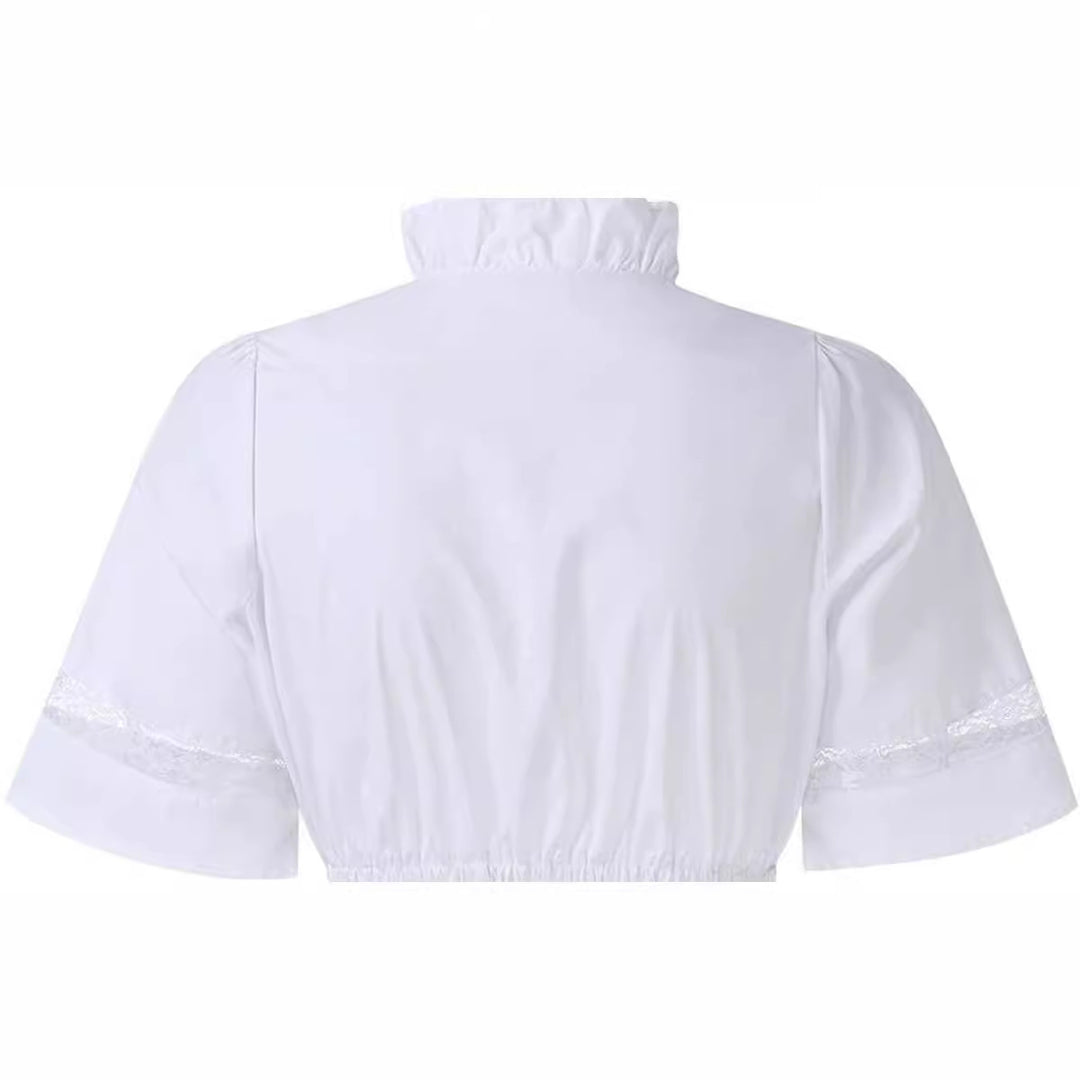 Damen  traditionelle Dirndlbluse mit Rüschenausschnitt und Spitzenbesatz sowie dreiviertelärmel Drune