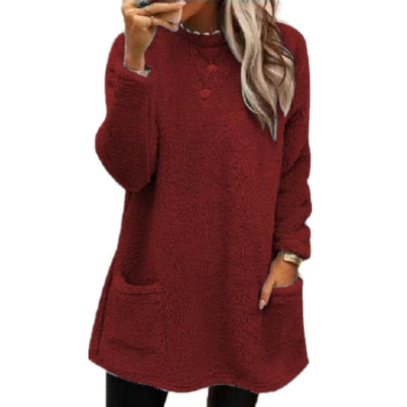 Damen nan kuscheliger langer Teddy-Pullover Oversize mit Rundhalsausschnitt und Eingrifftaschen Drune