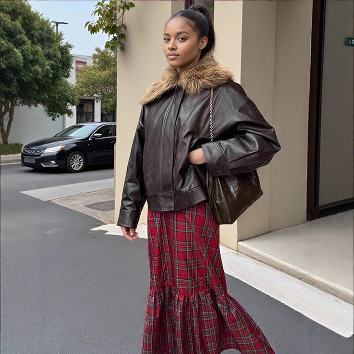 Damen Boxy Lederimitat-Blouson mit abnehmbarem Webpelzkragen und verdeckter Knopfleiste Drune