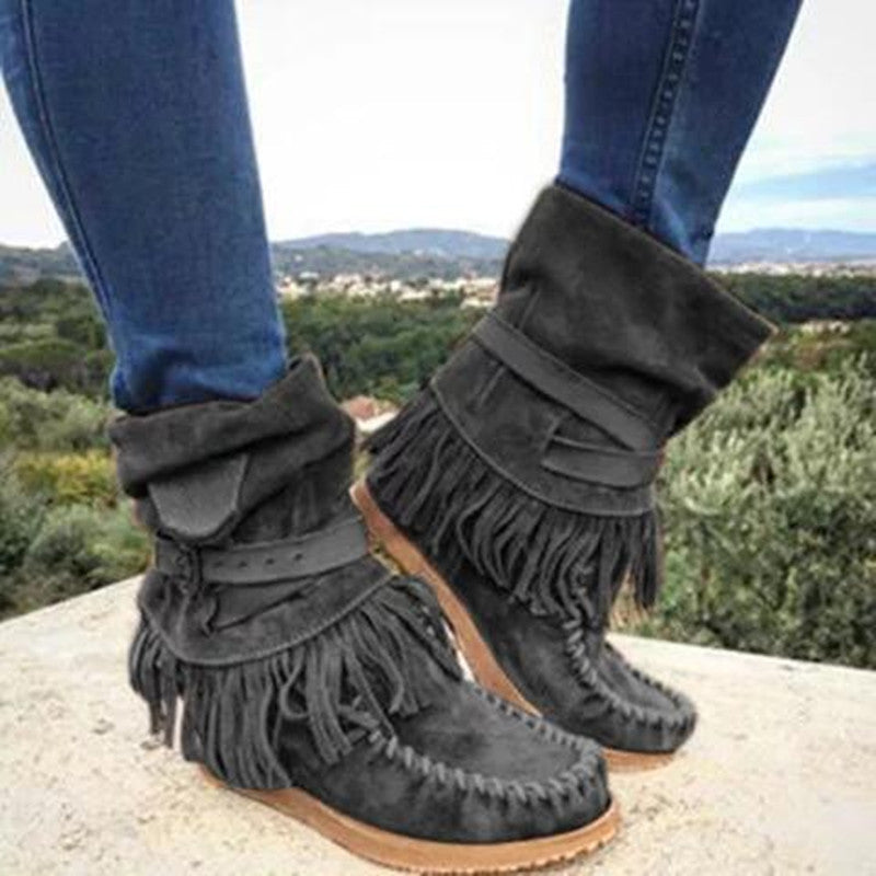 Damen Mokassin-Stiefel mit fransigen Details und modischer Schnalle Drune