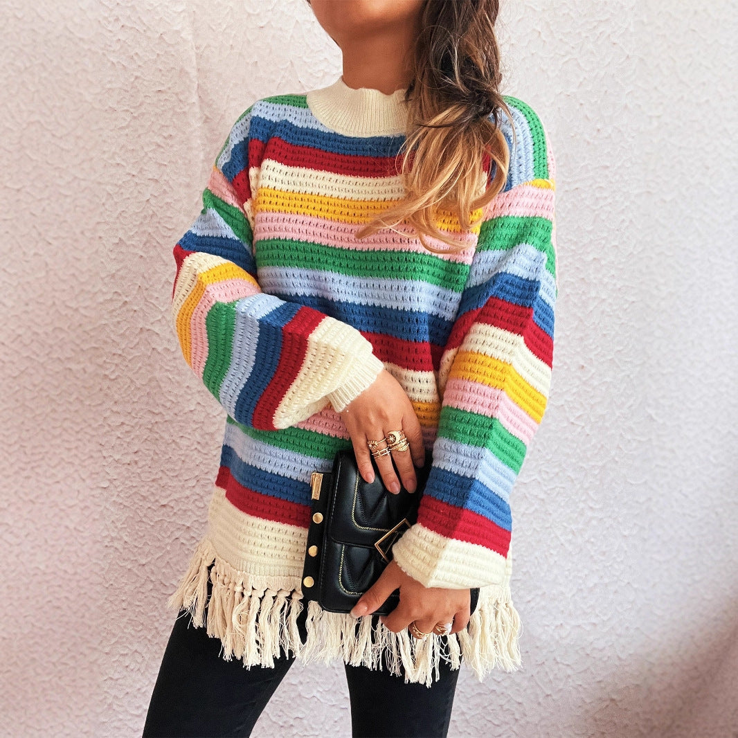 Damen entzückender Pullover mit Fransen und buntem Streifenmuster Drune
