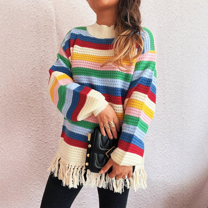 Damen entzückender Pullover mit Fransen und buntem Streifenmuster Drune