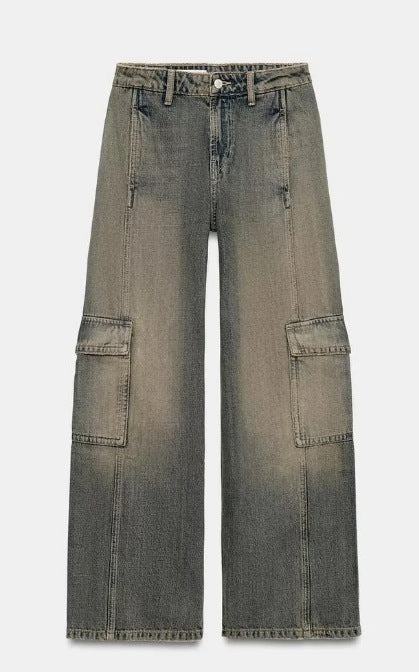 Damen Jeans‑Cargo‑Hose mit weitem Bein, Ziernähten und aufgesetzten Klappentaschen Drune
