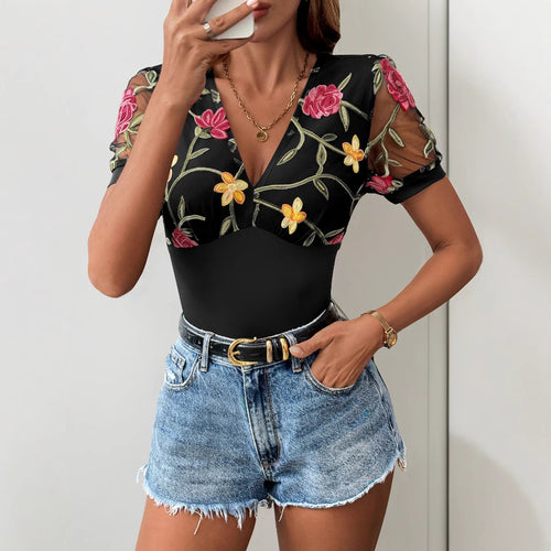 Damen Body mit floralem Spitzenbesatz und tiefem V-Ausschnitt Drune