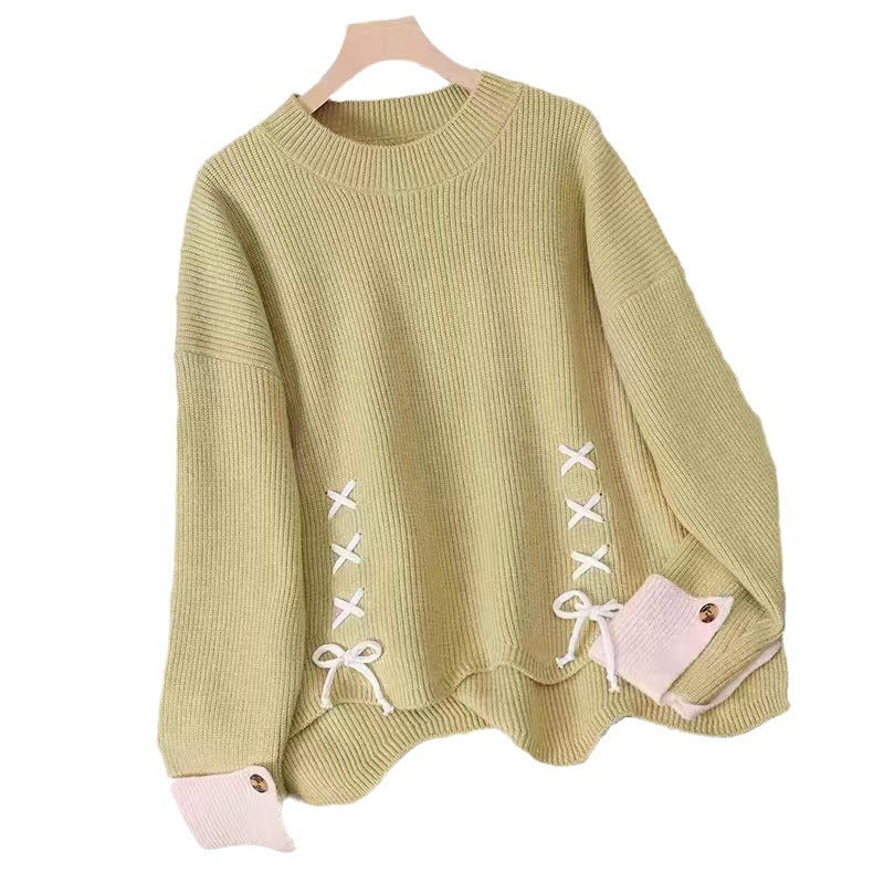 Damen lässiger Strickpullover mit dekorativen Schleifen und Knopfdetails Drune