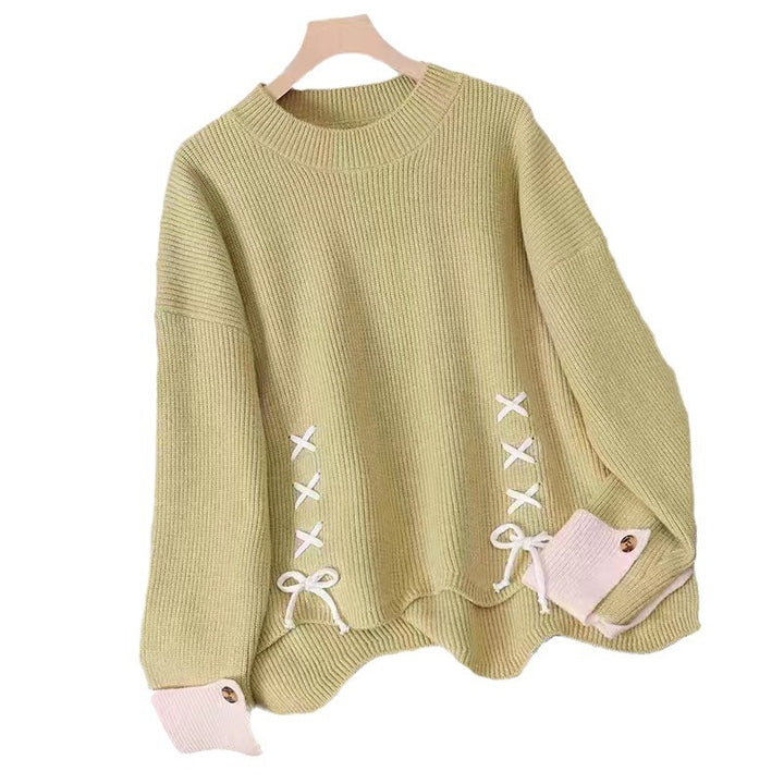 Damen lässiger Strickpullover mit dekorativen Schleifen und Knopfdetails Drune
