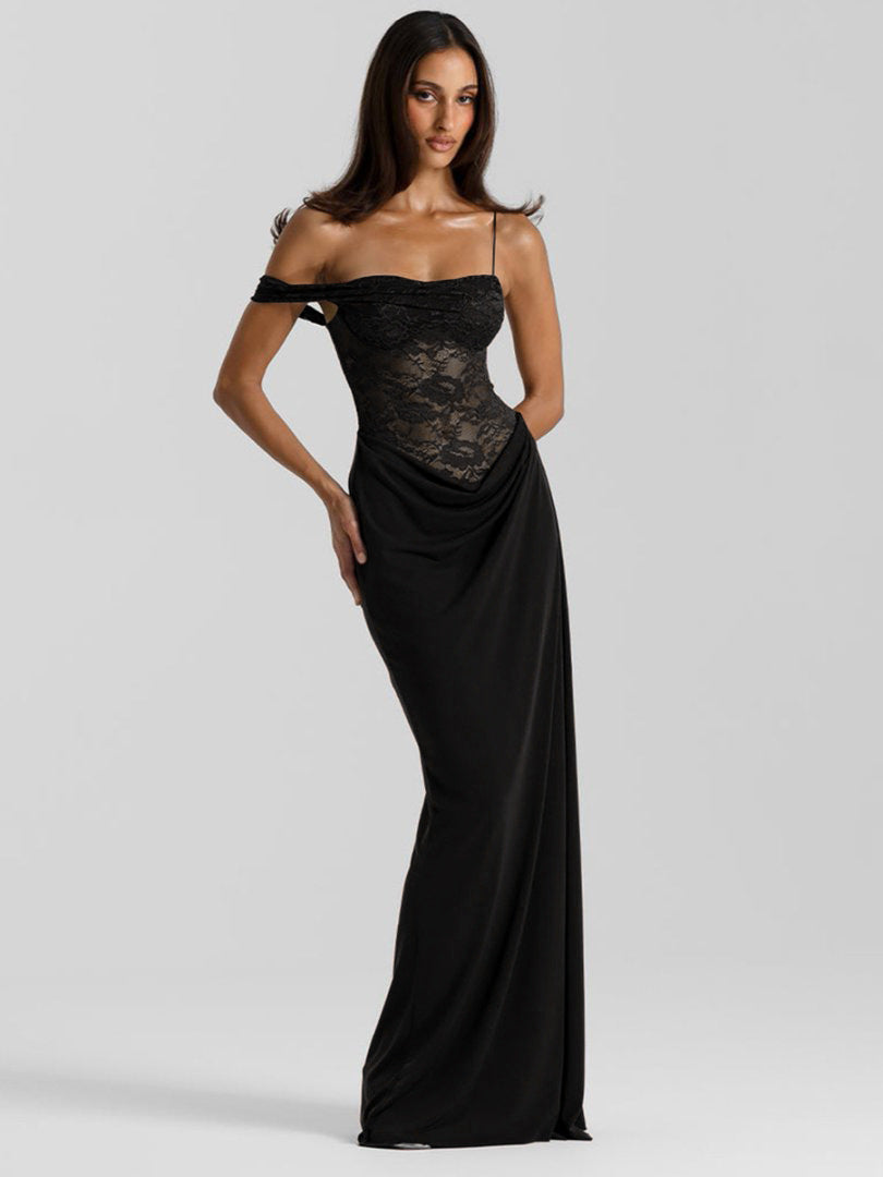 Damen Elegantes Cocktailkleid mit Spitzenoberteil und fließendem Rock Drune