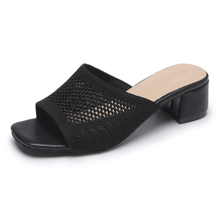 Damen nan gestrickte Sommermule mit niedrigem Blockabsatz und quadratischer Zehenform Drune