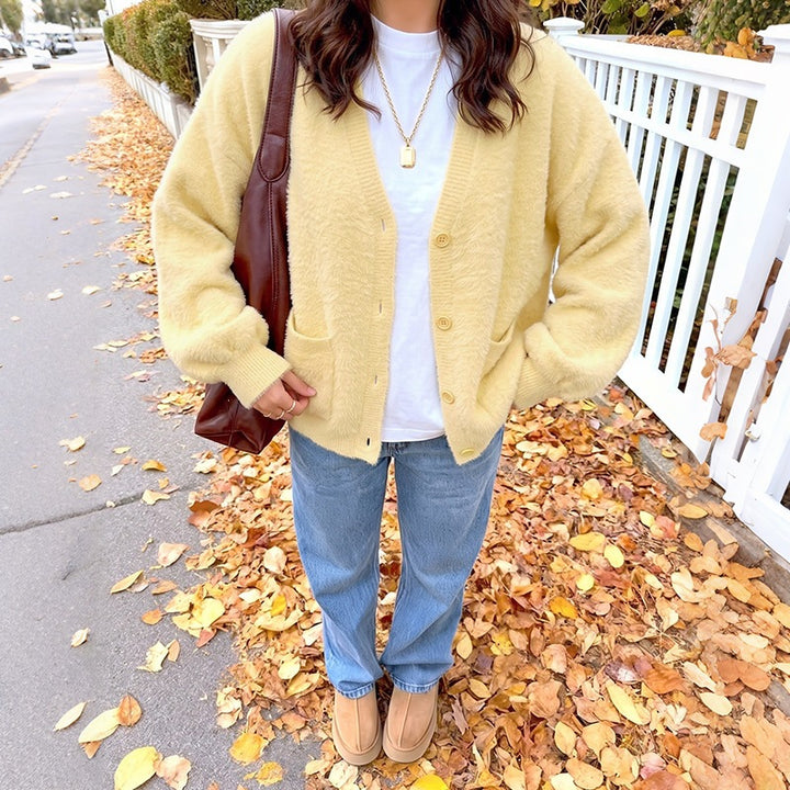 Damen Kuschelige Oversize-Cardigan aus Teddy-Fleece mit V-Ausschnitt, aufgesetzten Taschen & Rippbündchen Drune