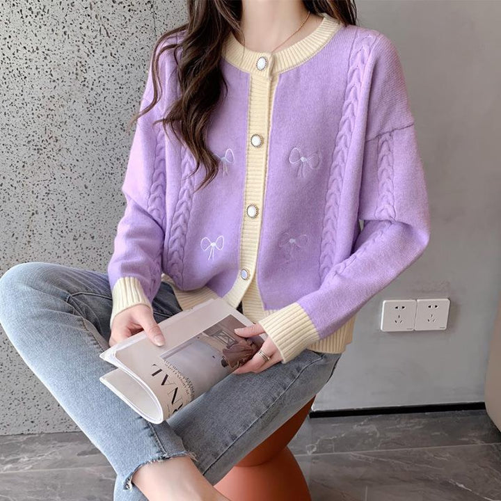 Damen kuschelige Strickjacke mit Schleifenapplikationen und Zopfmuster Drune