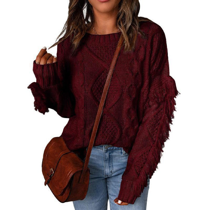 Damen Grobstrick-Pullover mit Zopfstruktur, fransigen Ärmeln und legerer Oversize-Passform Drune