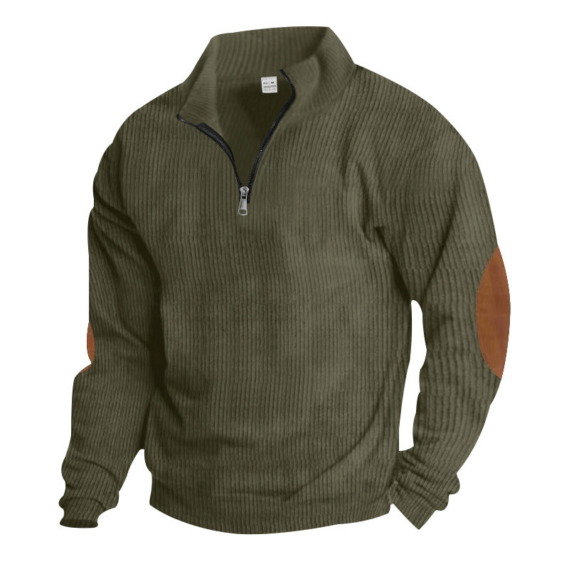 Herren nan gerippter Feinstrick-Pullover mit kurzem Reißverschluss Stehkragen und Lederoptik-Ellbogenpatches Drune
