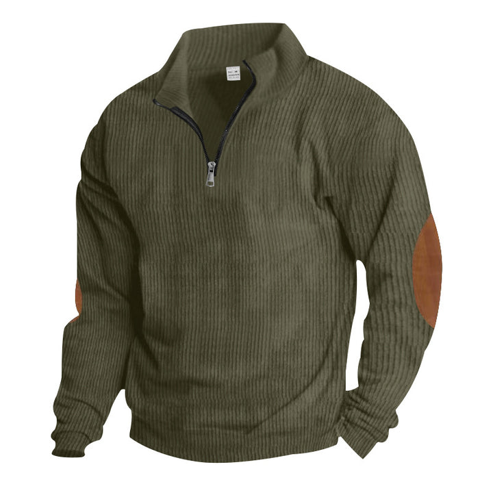 Herren nan gerippter Feinstrick-Pullover mit kurzem Reißverschluss Stehkragen und Lederoptik-Ellbogenpatches Drune