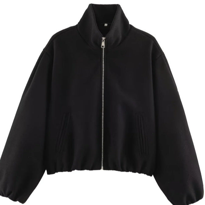 Damen Kurz geschnittene Bouclé‑Blousonjacke mit Stehkragen, elastischem Saum und Ballonärmeln Drune