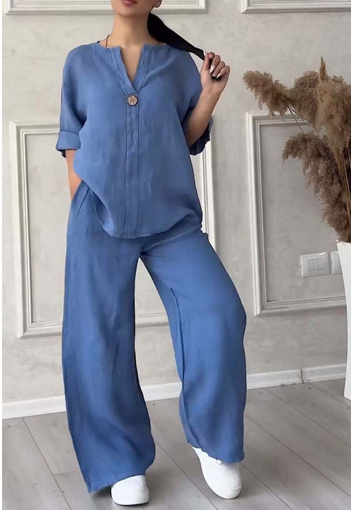 Damen nan lässiges Leinen-Relax-Set mit weiter Hose und Hemdbluse Drune