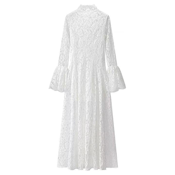 Damen nan Spitzenkleid mit Stehkragen, ausgestellter A-Linie und Glockenärmeln Drune