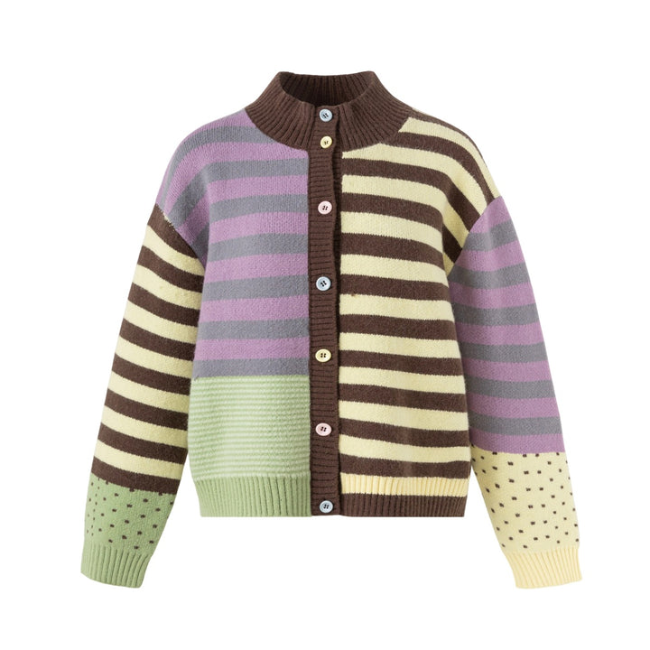 Damen Strickjacke im Patchwork-Streifenmix mit Stehkragen und Knopfleiste Drune