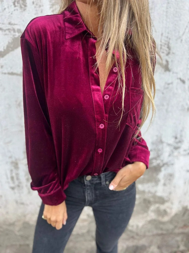 Damen Elegante Samtbluse mit klassischem Hemdkragen und langen Ärmeln Drune