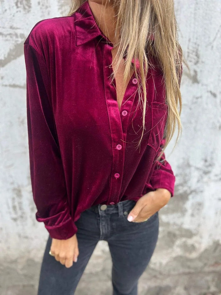 Damen Elegante Samtbluse mit klassischem Hemdkragen und langen Ärmeln Drune
