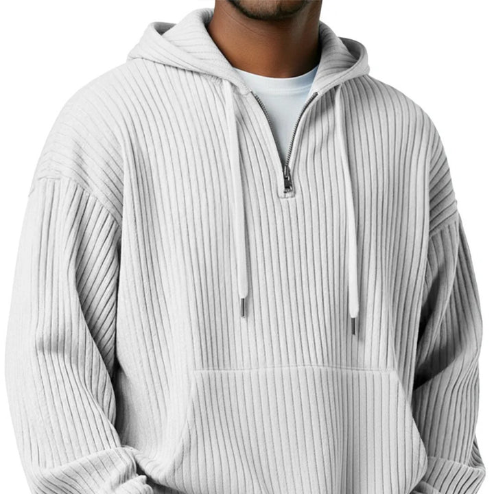 Herren gerippter Halfzip-Hoodie mit Kapuze, Kängurutasche und oversized Casual-Schnitt Drune