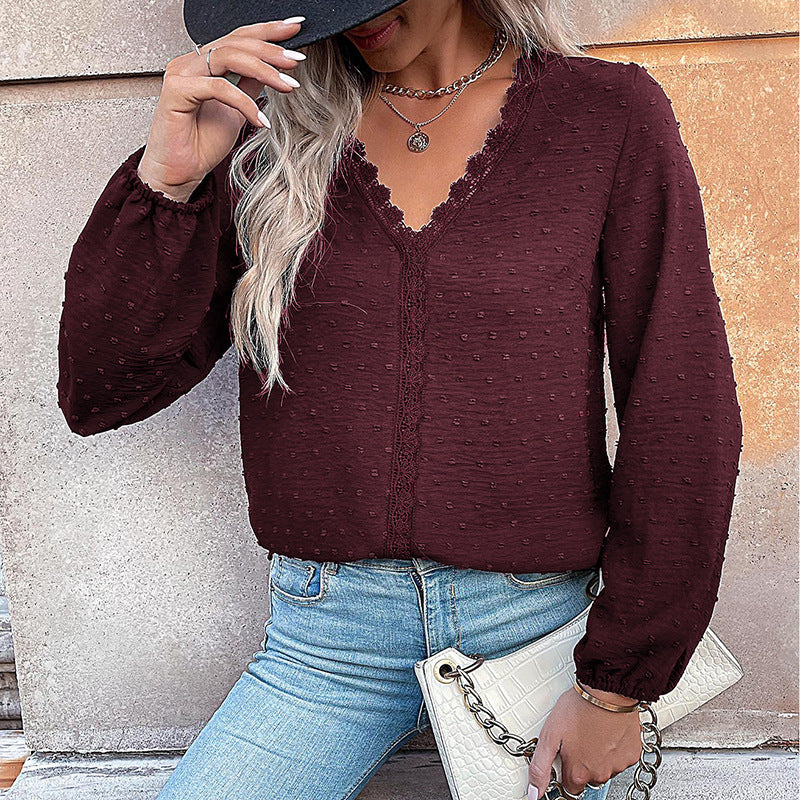 Damen Elegante Bluse mit Rüschendetails und Spitzenakzent Drune