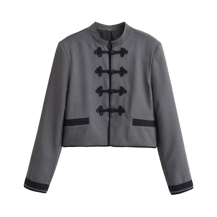 Damen Kurzjacke mit Mandarinkragen und dekorativen Knotenverschlüssen Drune