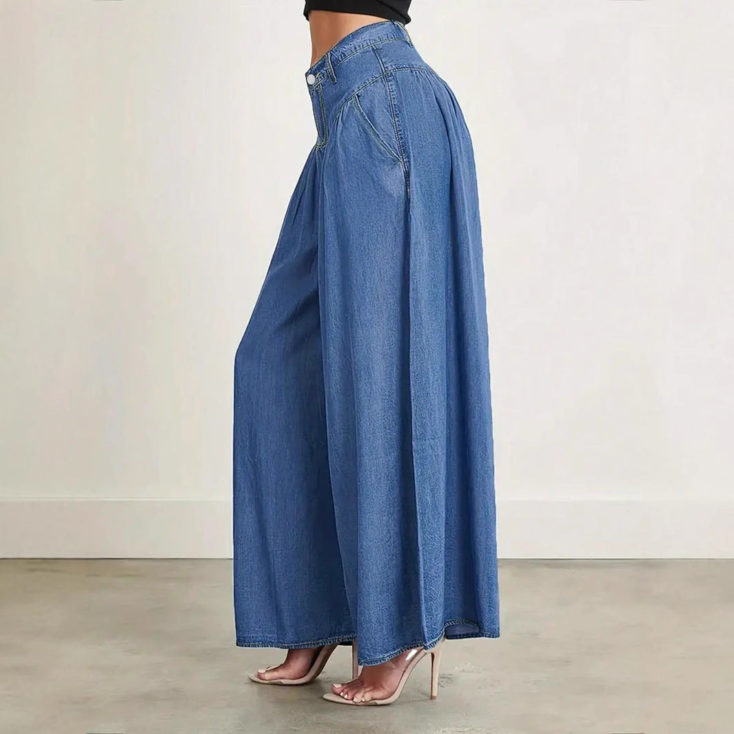 Damen Hochtaillierte Denim-Palazzohose mit geraffter Kellerfalte und extra weitem Bein Drune