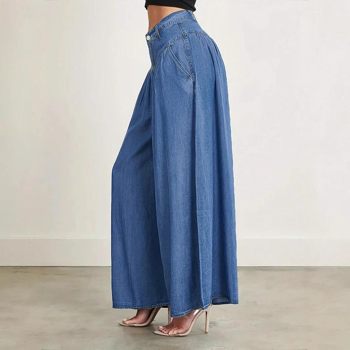 Damen Hochtaillierte Denim-Palazzohose mit geraffter Kellerfalte und extra weitem Bein Drune