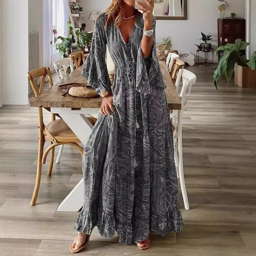 Damen Boho Maxikleid mit Paisley-Print, V-Ausschnitt, Stufenrock und Bindegürtel Drune