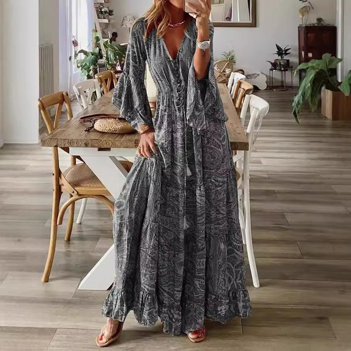 Damen Boho Maxikleid mit Paisley-Print, V-Ausschnitt, Stufenrock und Bindegürtel Drune