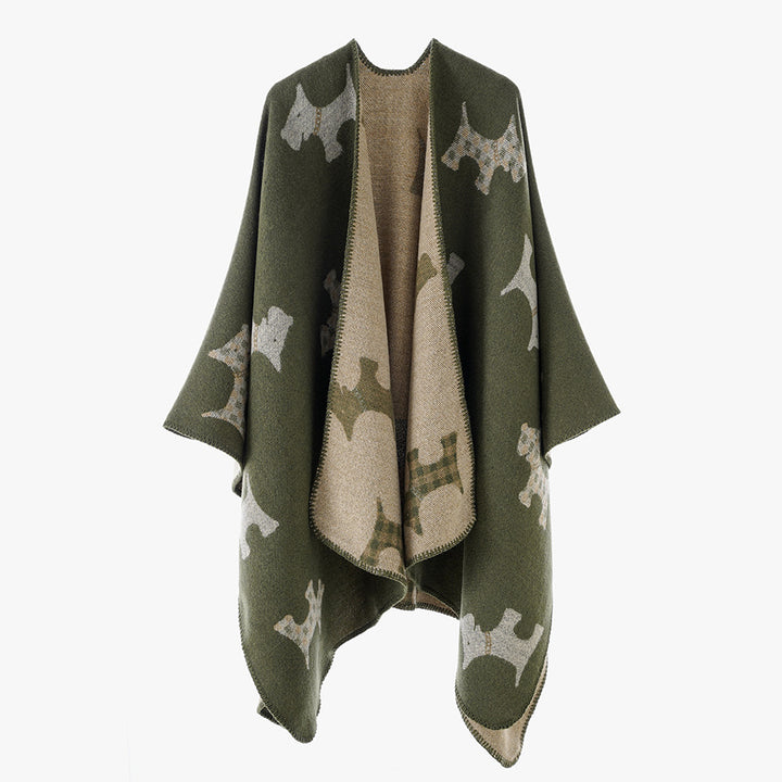 Damen Oversize-Poncho mit jacquardgewebtem Terrier‑Motiv und kontrastiertem Innenfutter Drune
