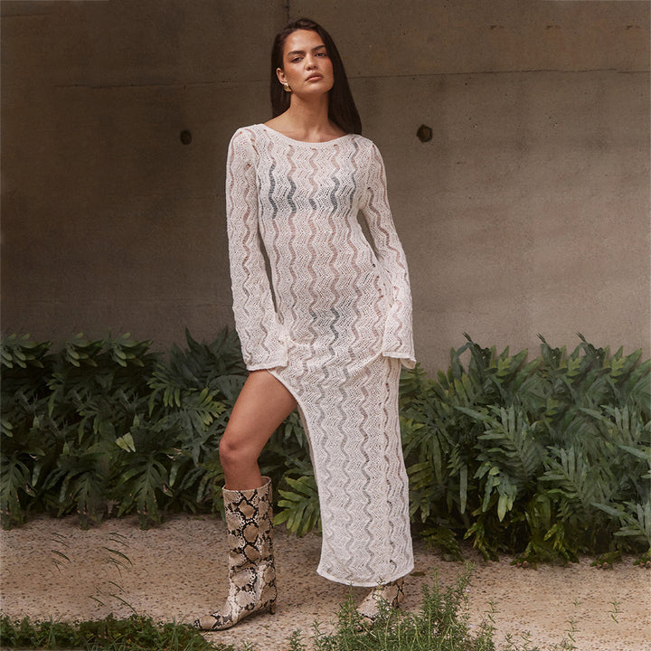 Damen elegantes gehäkeltes Strandkleid mit seitlichem Schlitz Drune