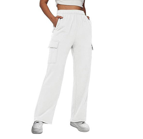 Damen nan lässige Cargo-Freizeithose mit weitem Bein elastischem Bund und aufgesetzten Taschen Drune