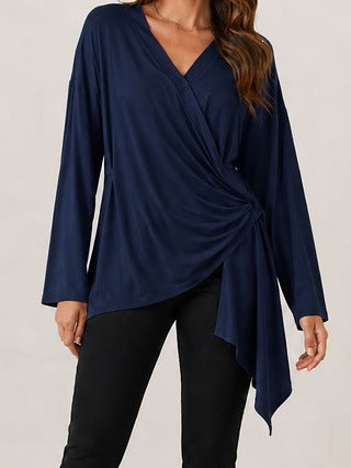 Damen Wickelshirt mit seitlicher Knotenpartie, V‑Ausschnitt und asymmetrischem Saum Drune
