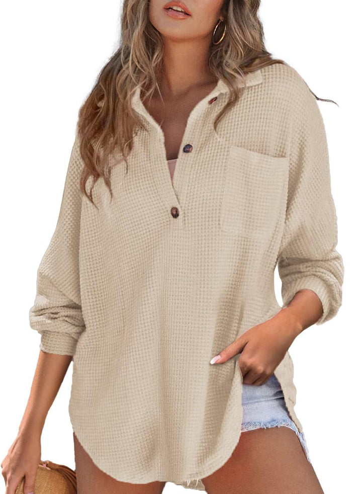 Damen Oversize Waffelstrick-Hemdbluse mit Kentkragen, Brusttasche und gerundetem Saum Drune